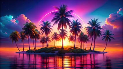 Vibrant and colorful neon island with palm trees and beach at sunset, neon, island, tropical, vibrant, colorful, palm trees