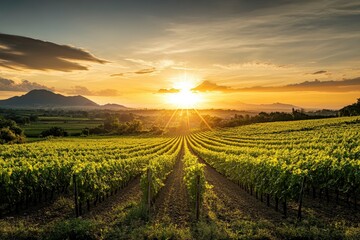 beautiful view in a green farm field with rows of rural plants and vegetables with amazing sunset or sunrise on background of agricultural landscape, ai