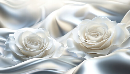 Two white roses on a silver satin cloth, digital art style, soft dreamy atmosphere. Created with Ai