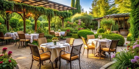 Restaurant in a beautiful garden setting, outdoor, dining, garden, restaurant, tables, chairs, greenery, nature, relaxation