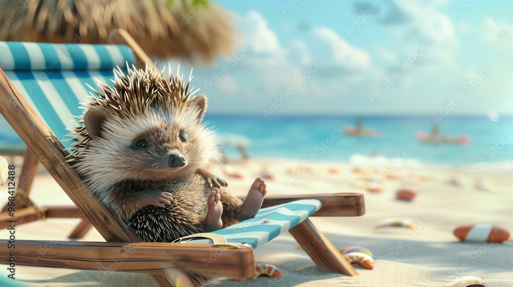 Canvas Prints Cute hedgehog relaxing on a beach chair.