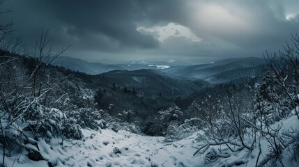 Photo of a dark snowy mountain landscape