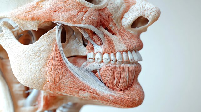 Detailed human skull anatomy showcasing muscles and structure in profile view for educational and medical uses.