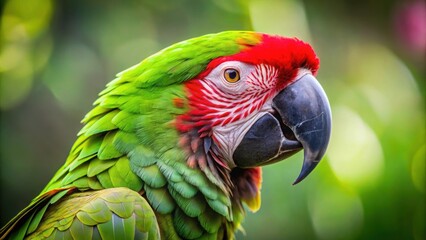 Obraz premium Close-up of a vibrant green macaw with a striking red beak, tropical, bird, feathers, exotic, colorful, wildlife, close-up, nature