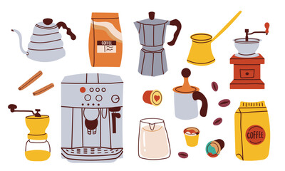 Coffee elements set. Machine, brewing tools, accessories, beans and bags. Coffeehouse stuff, grinder and kettle. Flat vector illustrations isolated on white background