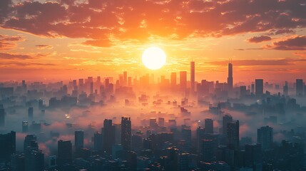 Fototapeta premium A cityscape at sunset glows under golden clouds, with skyscrapers rising through a veil of fog.