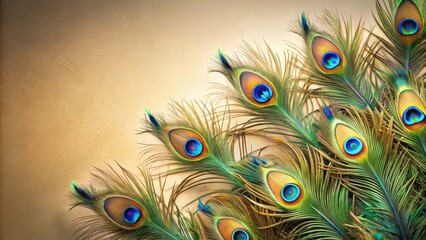 Obraz premium Vibrant peacock feathers standing out against a neutral beige background, peacock, feathers, vibrant, colorful, display