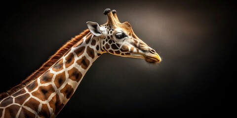 Obraz premium Side profile of a giraffe against a dark background, giraffe, wildlife, animal, safari, wilderness, nature, tall, spots