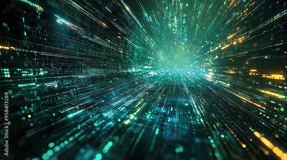Poster dynamic abstract background featuring vibrant light trails and digital particles, creating a sense o