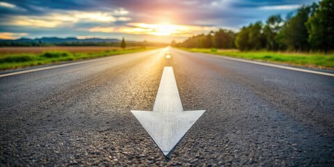 Arrow pointing down at an empty road , direction, guidance, sign, symbol, transportation, road, street, pavement, way