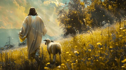 Digital painting of Jesus Christ walking with lambs in the pasture.