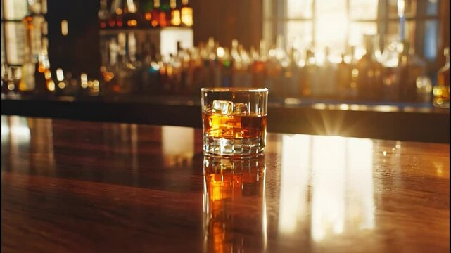 A glass of whiskey on the bar table behind the bar	