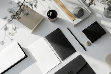 Minimalist Workspace with Black and White Notebooks, Coffee, and Desk Accessories