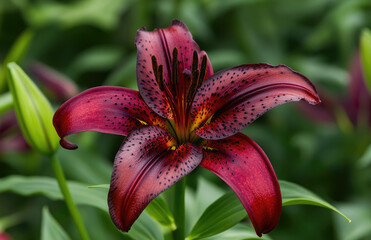 A dark red lily with deep burgundy petals and speckles of black, growing in the garden. Created with Ai