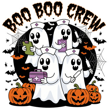 Group of cartoon ghosts dressed as nurses with medical tools, surrounded by pumpkins, bats, and spider webs. 'Boo Boo Crew' Halloween-themed illustration. Design for posters and stickers.