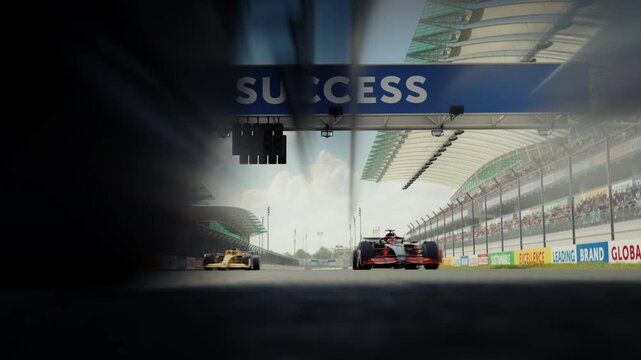 Low angle front view of generic formula one race cars starting the race. Wide low angle shot with starting lights. 3d animation rendering