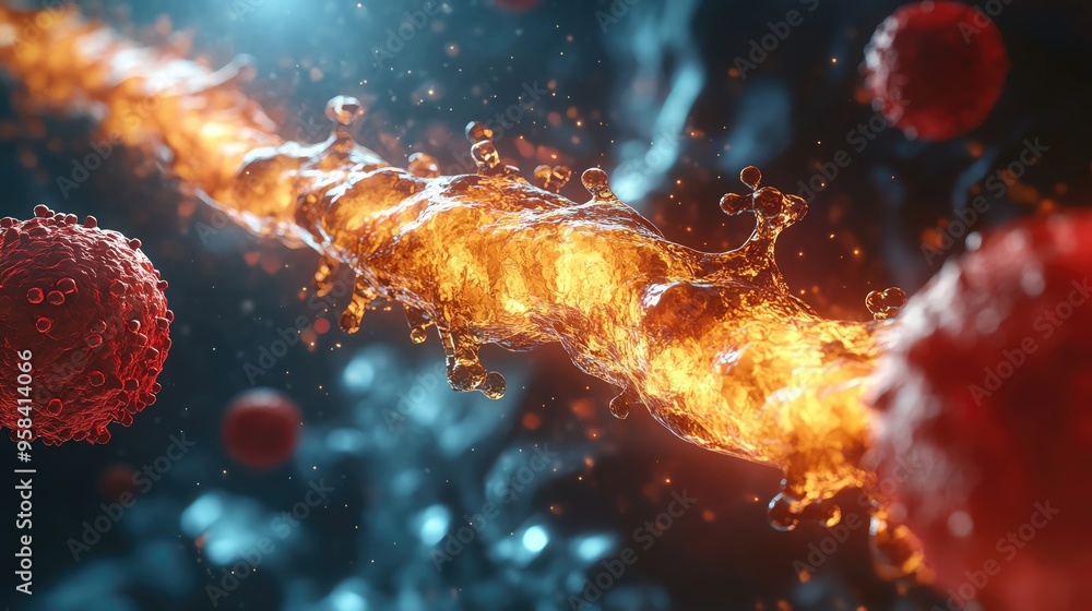 Poster dynamic visualization of a fiery liquid interacting with red cells in an abstract, scientific enviro