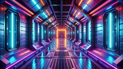 Futuristic spaceship hallway illuminated by neon lights, spacecraft, corridor, futuristic, technology, sci-fi