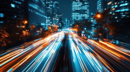 Fototapeta premium Dynamic urban scene showcasing vibrant light trails from city traffic at night against a backdrop of modern skyscrapers.