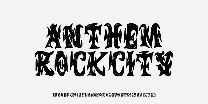 Anthem type font. Gothic font alphabet, letter typography print, dark vintage scary typeface. Rock poster sign, metal music handwritting graffiti, magic calligraphy. Vector illustration