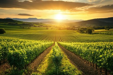 Fototapeta premium beautiful view in a green farm field with rows of rural plants and vegetables with amazing sunset or sunrise on background of agricultural landscape, ai