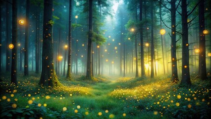 Fototapeta premium Mystical forest in twilight with glowing fireflies and enchanting atmosphere, twilight, mystical, forest, magical, fireflies