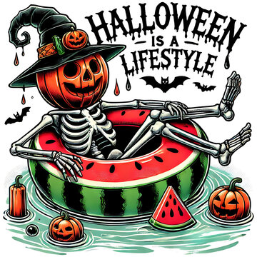 Skeleton with a pumpkin head wearing a witch hat relaxing inside a watermelon float on water. Halloween-themed illustration with bats, jack-o'-lanterns, and spooky typography. Halloween celebration an