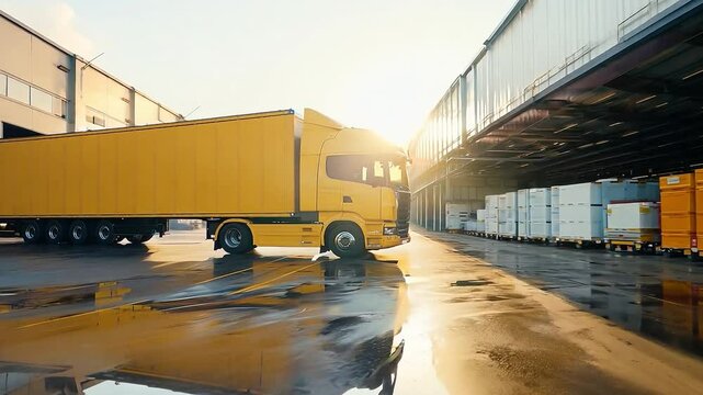 Front of the large yellow truck loading in the modern distribution hub	