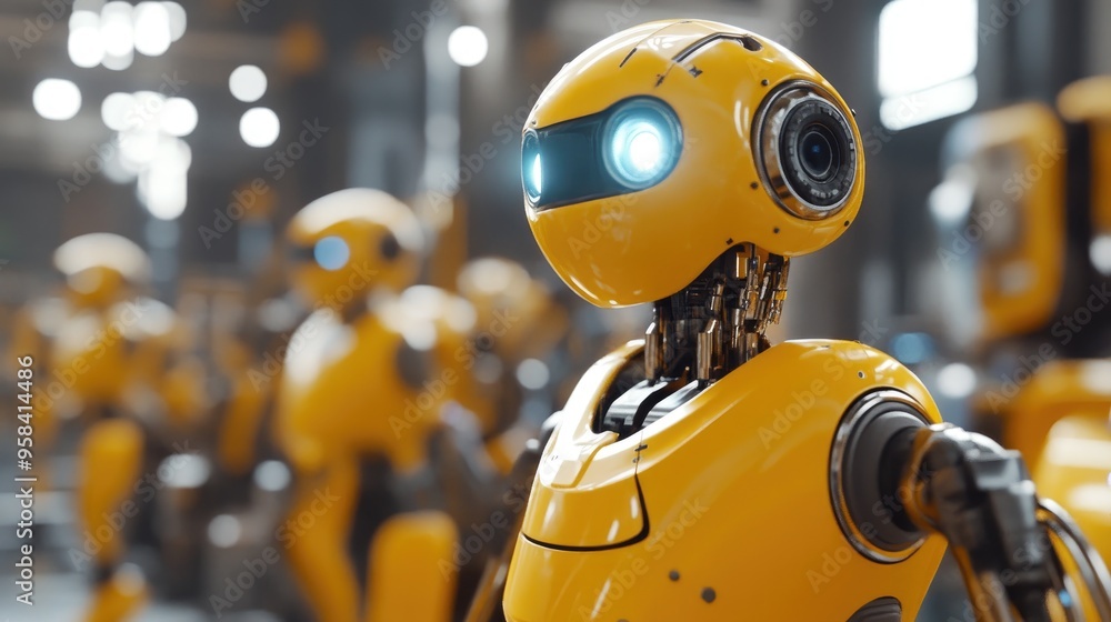 Poster advanced yellow robot in a high-tech production line, demonstrating the future of manufacturing with
