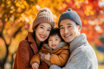Smiling asian family embracing while enjoying a sunny autumn day at the park