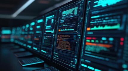 Obraz premium Advance Security Data Management Planning, A futuristic workspace filled with multiple screens displaying vibrant data analytics and digital interfaces.