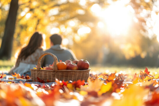 Wicker basket full of apples and pumpkins standing on blanket in autumnal forest, with a couple enjoying picnic in the background - Powered by Adobe
