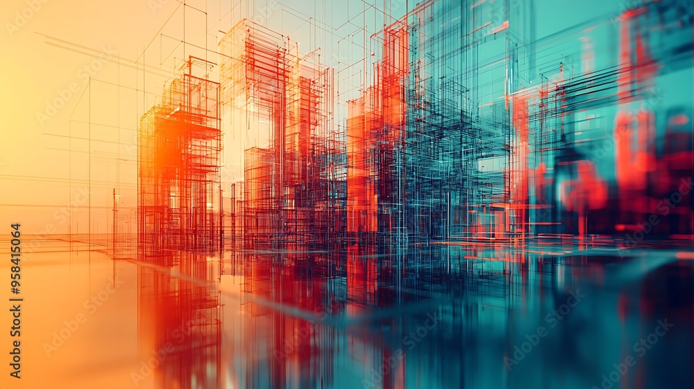 Aufkleber an abstract cityscape wireframe with reflective lines captures a vision of modern architecture.