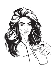 illustration woman with stylish wavy hairstyle holding a cup