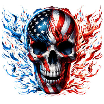 Skull with American flag design and flames in red, white, and blue on a white background. Detailed digital illustration with patriotic theme. Design for t-shirt, poster, banner, sticker.
