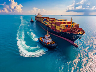 A large ship is being towed by a tugboat