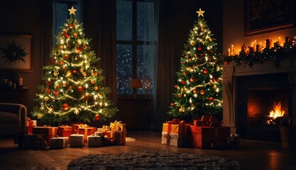 Interior Christmas. magic glowing tree, fireplace, gifts in dark