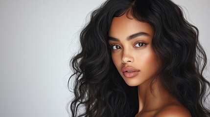 Naklejka premium Elegant portrait of a woman with beautiful, flowing black hair, showcasing natural beauty and captivating features in soft light.
