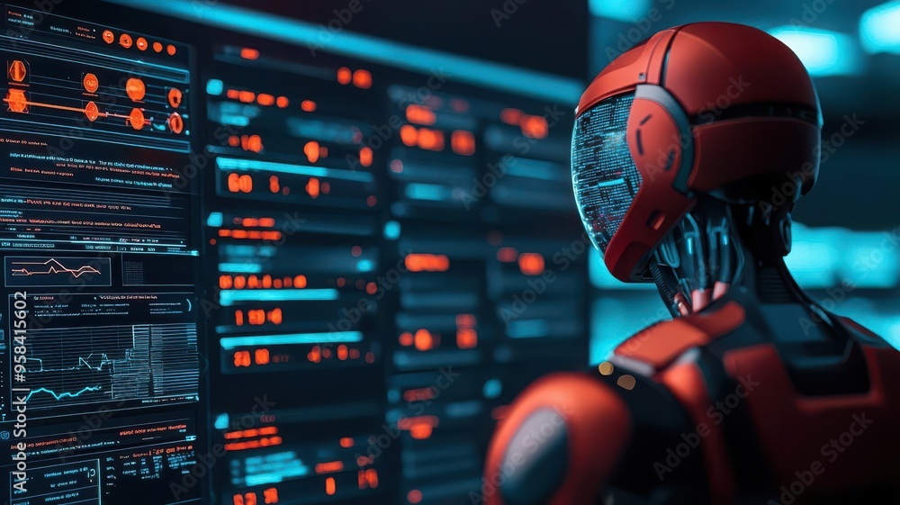 Poster advance security data management planning, futuristic robot analyzing data on a digital screen with 