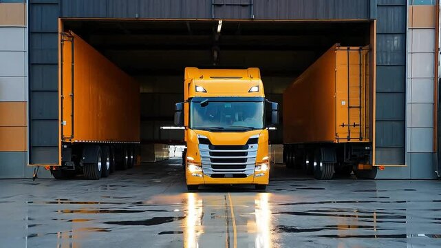 Front of the large yellow truck loading in the modern distribution hub	