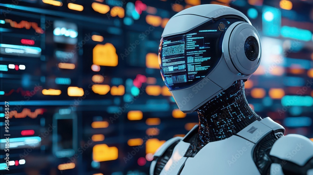 Poster advance security data management planning, futuristic robot with a sleek design and illuminated disp