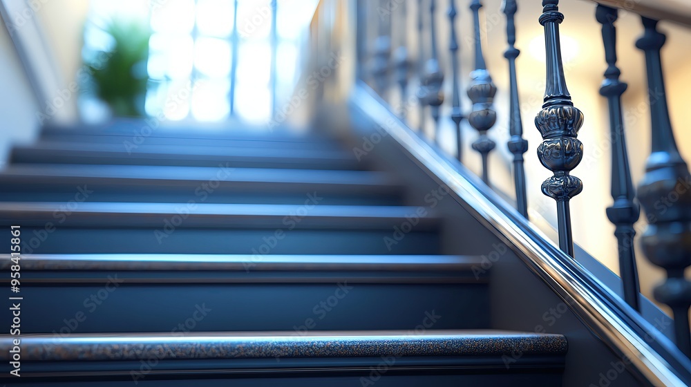 Poster elegant staircase with stylish railings and soft lighting, creating a welcoming ambiance for any int