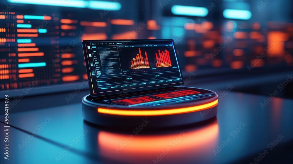 Poster advance security data management planning, futuristic laptop displaying data analytics in a high-tec