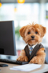 A dog is sitting at a computer keyboard wearing a suit