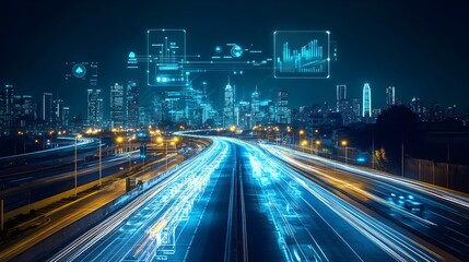 Obraz premium Futuristic City Skyline with Holographic Data Display Providing Insights into Traffic,Pollution,and Energy Efficiency