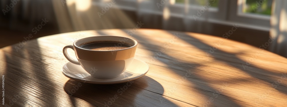 Poster 3d rendering of a coffee cup on a table