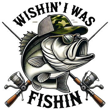 Fish wearing camouflage hat and sunglasses with fishing rods crossed behind it. 'Wishin' I was Fishin' text. Fishing-themed illustration for posters and t-shirts.