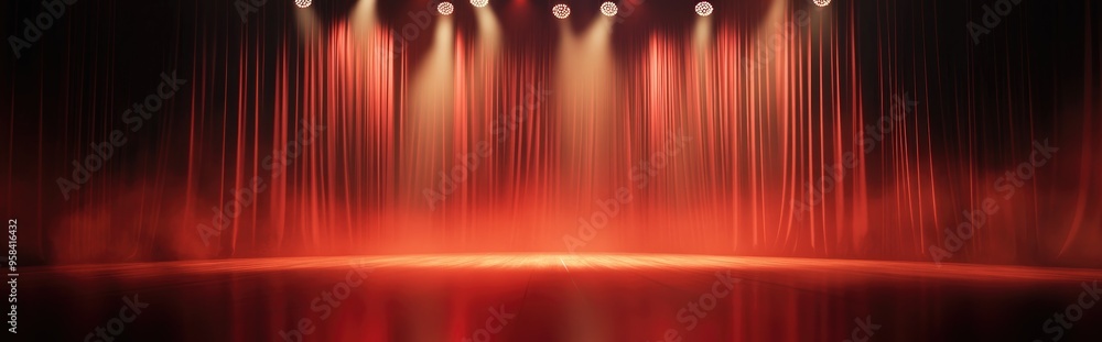 Aufkleber 3d rendering of a blurred theater stage featuring red curtains and dynamic spotlights capturing the 