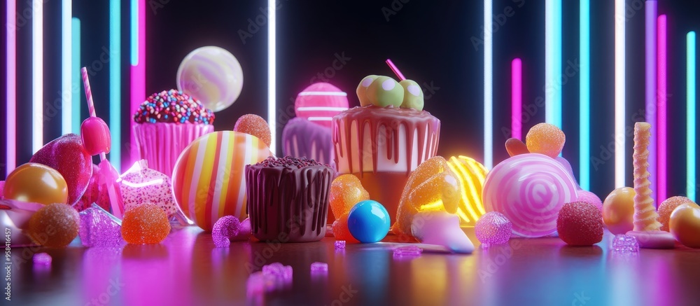 Poster 3d rendering of various candies displayed in a handmade chocolate cafe