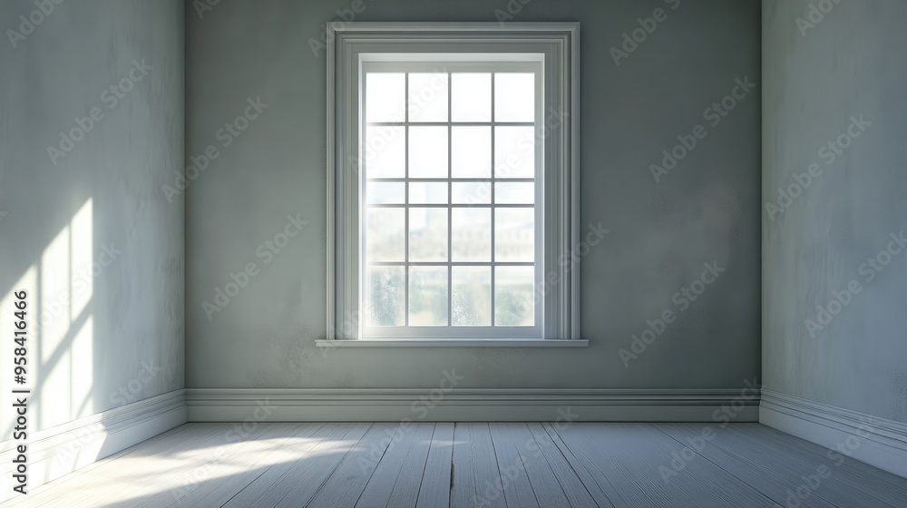 Poster empty interior with a window featuring 3d rendering